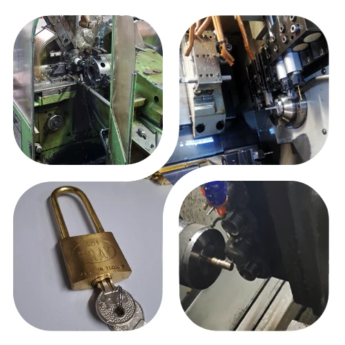 Ay Locks factory: CNC lathes machining brass parts and a solid brass AY padlock with keys